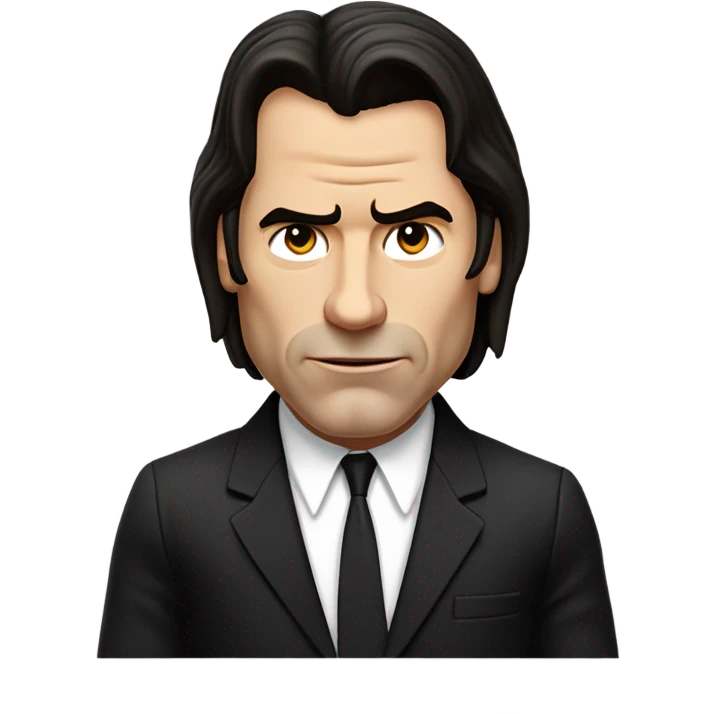 John Travolta's character from Pulp Fiction. The figure should have a puzzled expression, with slightly raised eyebrows and an open hand gesture.  the character should wear a black suit with a white shirt.  emoji