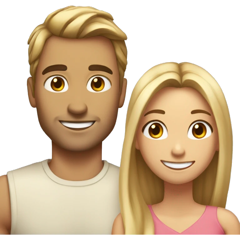 Woman and man smiling, woman has straight Brown hair in a ponytail, slightly sunkissed skin, man has blonde long hair which are in a ponytail, slightly sunkissed skin emoji