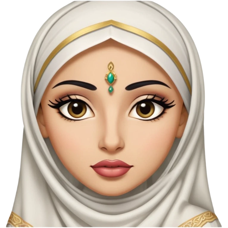 Arabian features pretty big lips, arabian clothes, light skin,  dark eyes, pretty bratz baddie, black eyeliner.  emoji