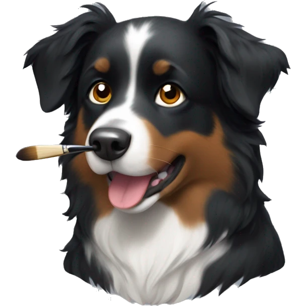 Small black australian shepherd dog with paintbrush  emoji