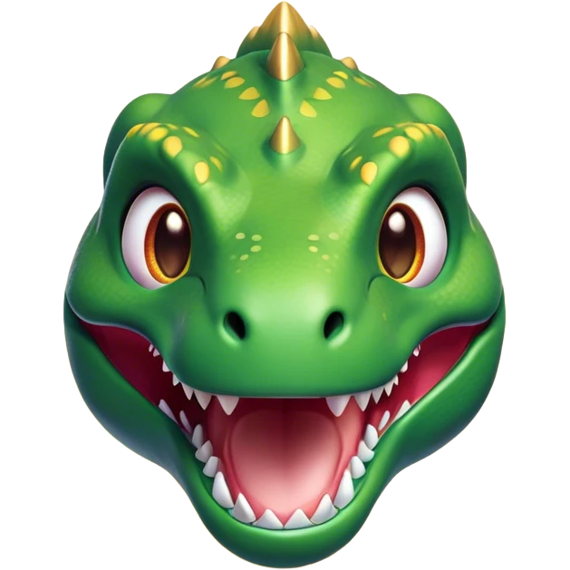 Cinematic Cute T-rex Portrait Emoji, Head tilted playfully with a big, endearing smile, featuring a compact, fierce yet friendly form with a massive head, tiny arms, and sparkling, mischievous eyes, Simplified yet irresistibly adorable features, highly detailed, glowing with a warm, inviting prehistoric glow, high shine, affectionate and lively, stylized with a touch of whimsical dinosaur charm, soft glowing outline, capturing the essence of a mischievous yet lovable T-rex that seems as if it could stomp out of the screen into your heart! emoji