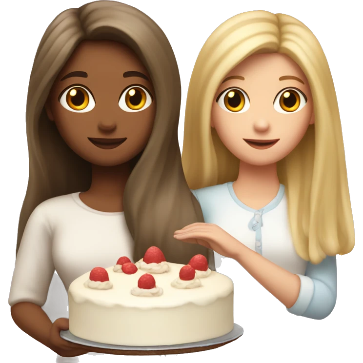 Girl with long blond hair and girl with brown straight hair together holding big white cake emoji