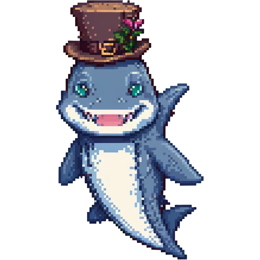 pixel art shark in a tophat, smiling, simple background emoji