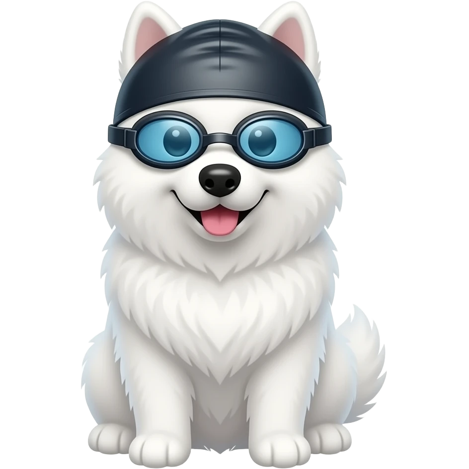 Make a samoyed that has swimming goggles and a swimming cap on , make the ears be hidden inside the swimming cap emoji