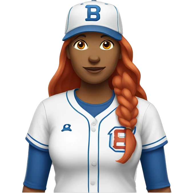 front facing, standing female coach with long red hair, wearing a white t-shirt and a simple blue baseball hat emoji