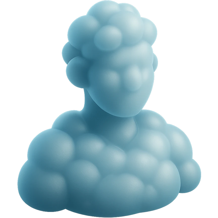 person from shoulders front view, fully composed of bright convex clouds, face also made of clouds, matte glass style emoji