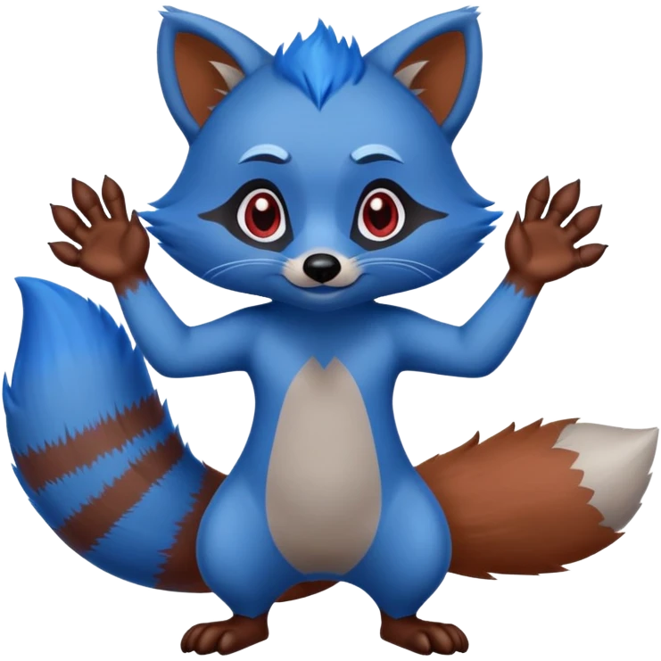 An anthropomorphic red raccoon with blue hair, eyes, and tail tip. The front and back paws are black with white claws with a dick.  emoji
