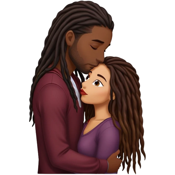 Dark Wine colored hair Latina long hair, kissing young black guy with dreads emoji