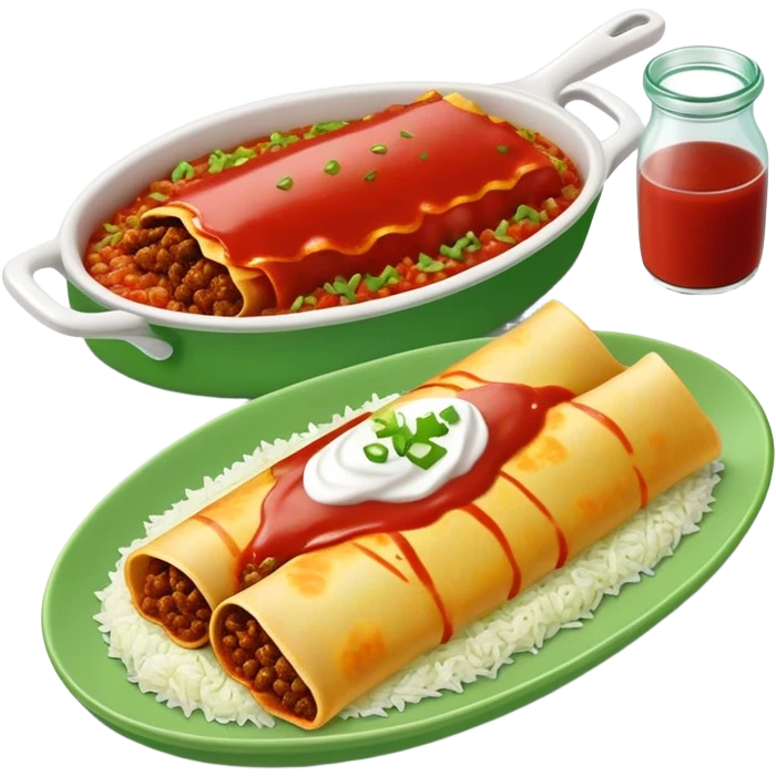 Beef enchiladas with red sauce and light green rice on the side  emoji
