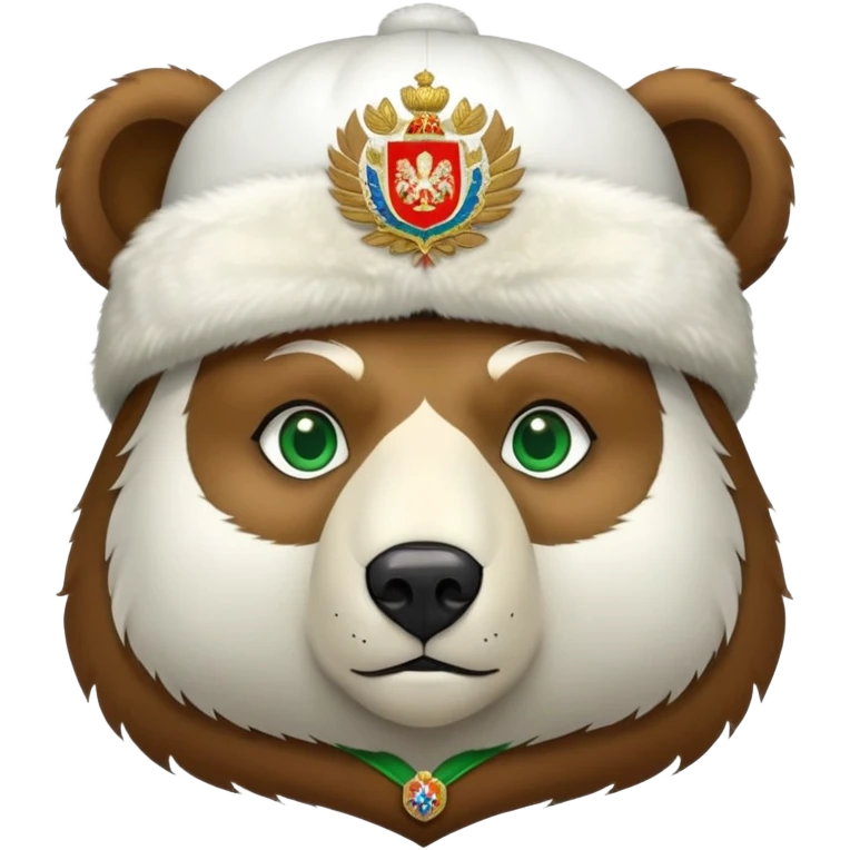 Bear head only, brown fur and green eyes, white ushanka hat with extremely accurate Russian Federation coat of arms with all correct elements and colors, iOS emoji style emoji