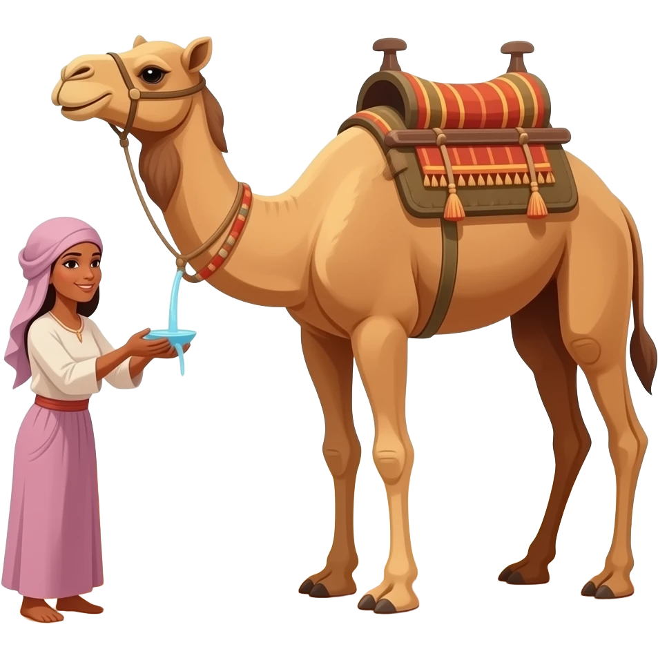 A women giving water to camels in the desert region emoji