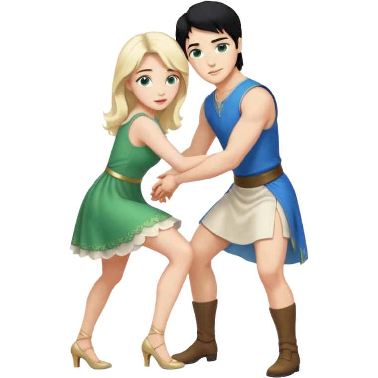 prince, upright, black Hair, blue eyes, Woman, blonde Hair, Green eyes, bending knee, sleveless White Dress, emoji