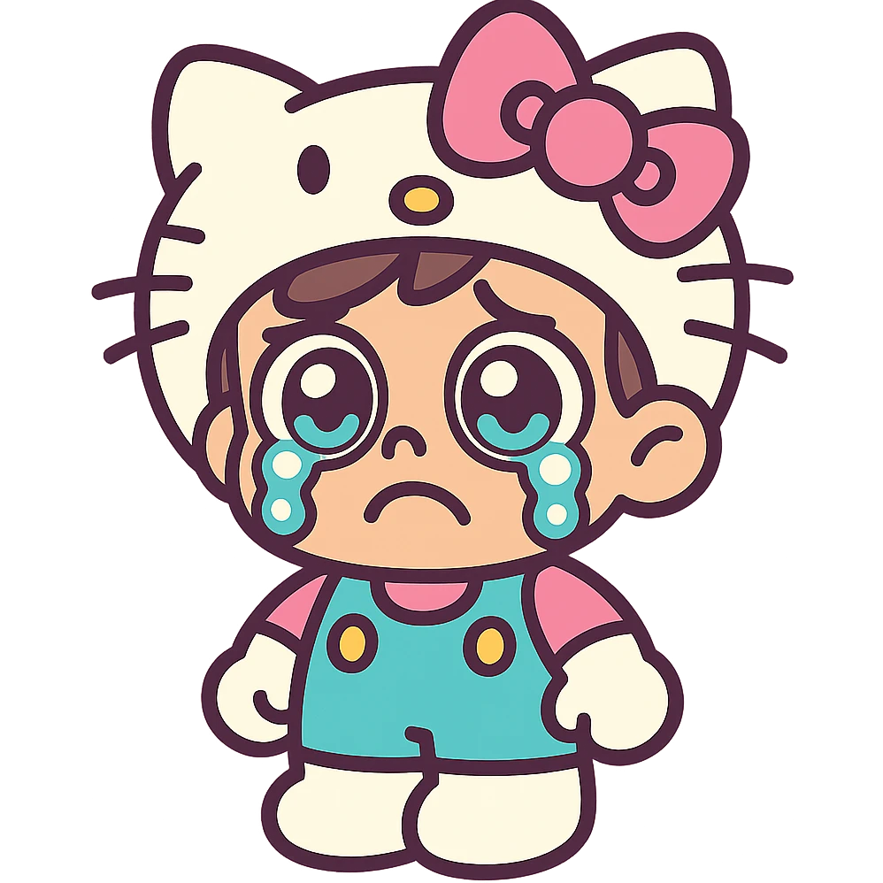 a cartoon boy dressed as Hello Kitty, crying, big eyes, pink bow, vibrant toon style, pastel colors emoji