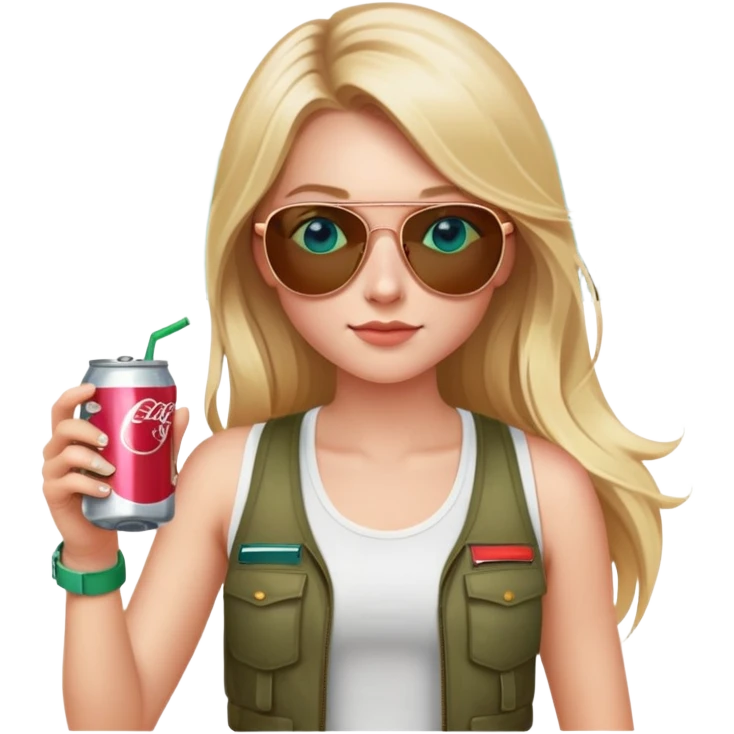 girl with long blond hair
with blue eyes
and aviator sunglasses
wearing white tank top 
holding a soda can
wearing (rose gold apple watch with forest green band) emoji