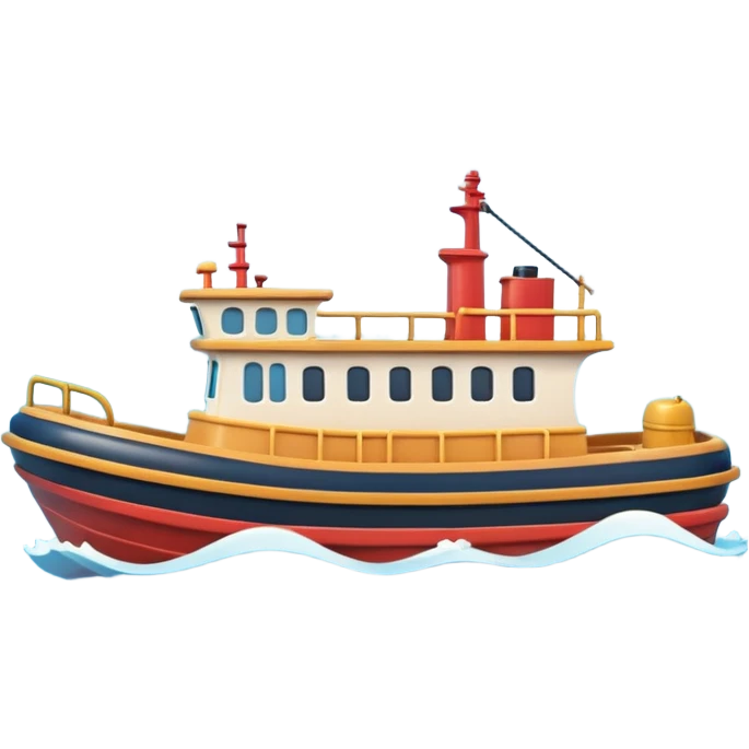 A 3D cartoon tugboat towing another boat on calm blue water, soft waves, clear sky, Memoji-style. emoji