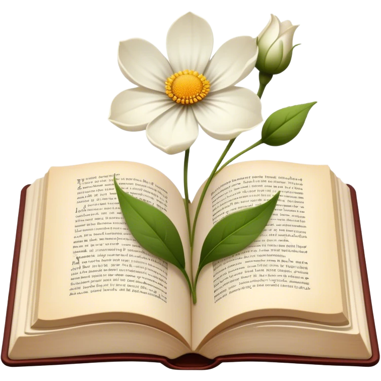Icon for Poetry Reading: an open book with flowing, elegant verses on the pages, surrounded by a delicate flower. The icon should evoke the beauty and emotion of poetry. Transparent background. emoji