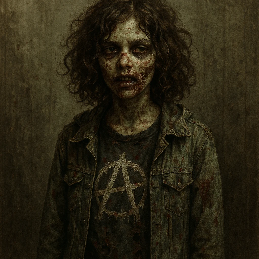 zombie teen girl with brown hair, grunge style, Curly hair emoji