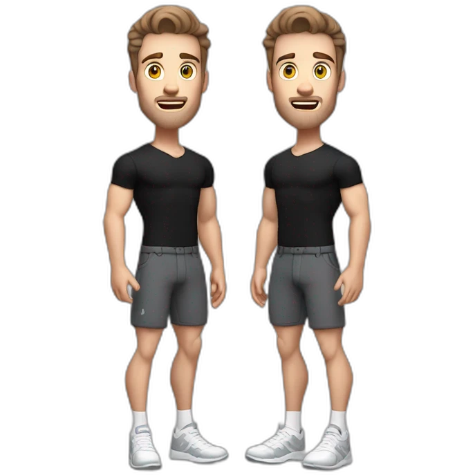 Surprised Pale skinned Fit Man With the biceps and dark brown hair in black shirt, gray sports shorts and white Sneakers emoji