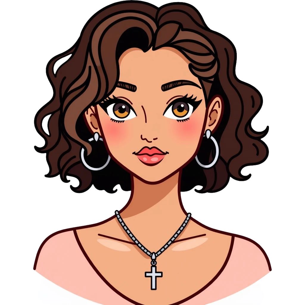 Light-skinned girl with honey brown eyes, long thick eyelashes, thin dark brown eyebrows, dark brown short curly hair with light highlights, flushed lips with heavy cupid bow, wearing a silver cross necklace, round silver earrings, and a light pink top with v-line emoji