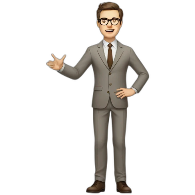 Full height Actively gesturing with hands Pale skinned fit man with dark brown hair in gray jacket, beige office shirt, brown tie, brown pants and vintage glasses. emoji