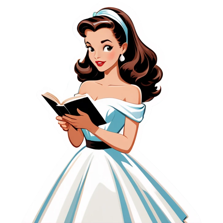 Beautiful woman in 1950’s woman fashion look, off-shoulder white dress, long dark brown hair, reading  emoji