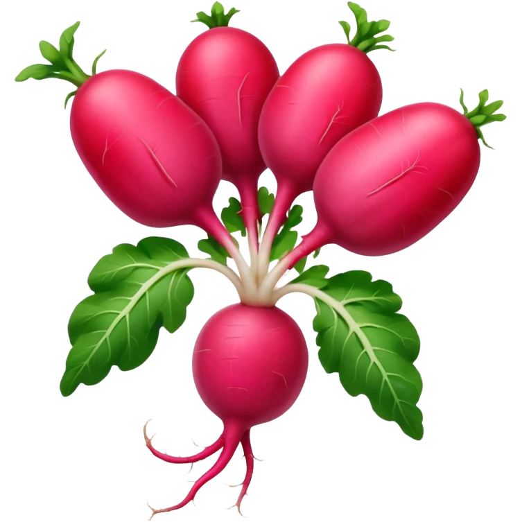 radish, whole, round, pink-red, white root tip, smooth glossy, crisp, green leafy tops, no dirt, no slicing, no extras, soft lighting, emoji scale emoji