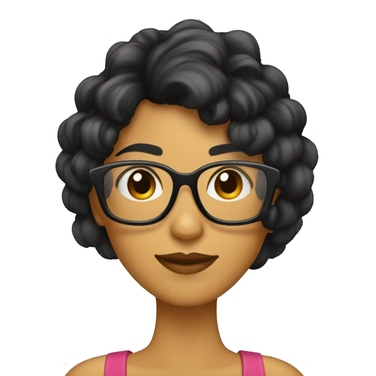 mujer con pelo negro y flequillo y gafas emoji