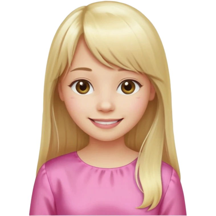 Menina branca de cabelo loiro longo de franja na testa sorrindo blusa rosa emoji