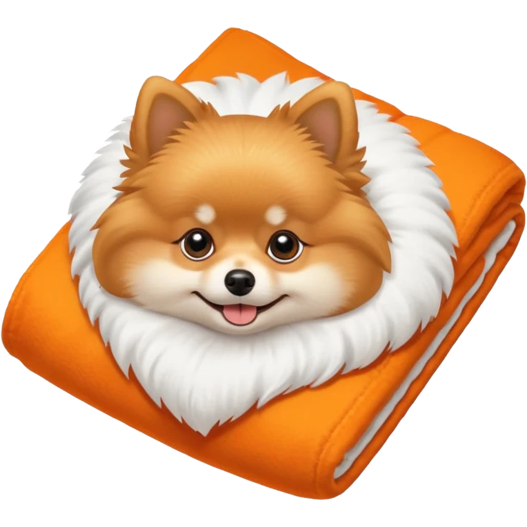 Pomeranian on top of a folded white big fluffy blanket emoji