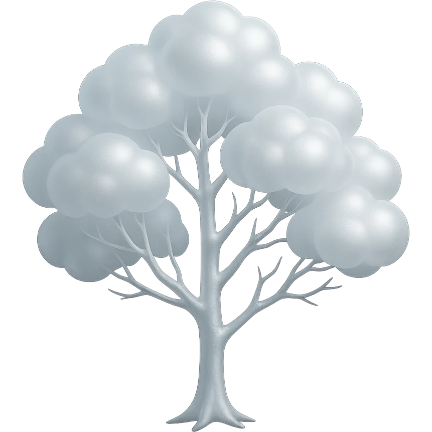 one tree with many branches and a white trunk, crown made of small very bright white fluffy convex clouds, matte glass style emoji