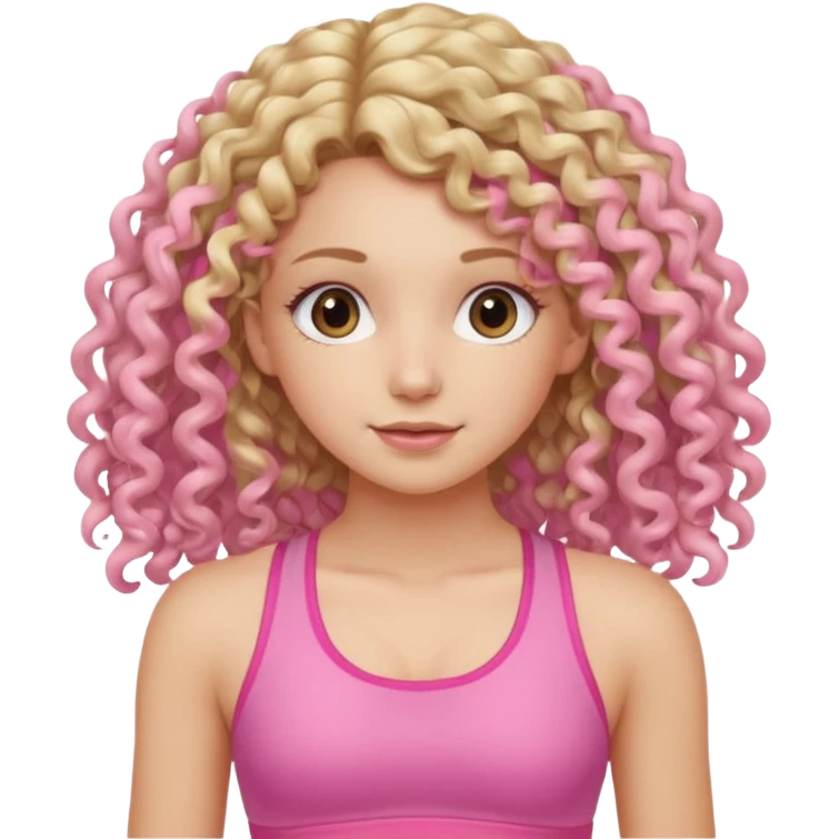 long hair curly blond haired girl DOING EXERCISE in a cute pink set emoji