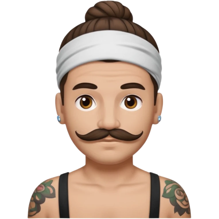 single big bun brunette hair man and mustache and face tattoos very heavy and headband emoji