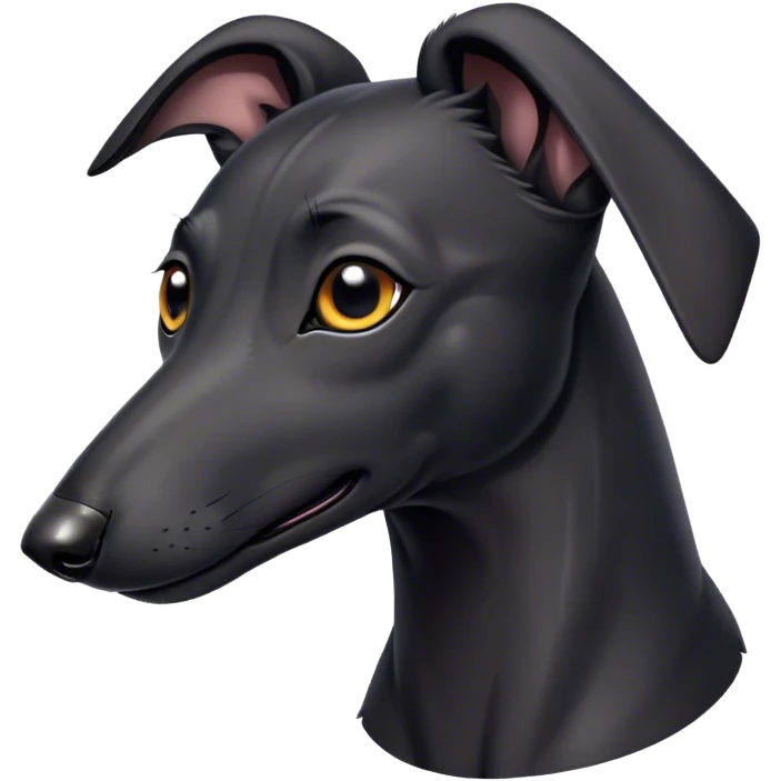 Cinematic Cute Black Greyhound Portrait Emoji, Head tilted playfully and inquisitively, featuring a smooth, shiny jet-black Fur and round, sparkling dark eyes filled with curiosity, Simplified yet irresistibly adorable features, highly detailed, glowing with a warm, friendly glow, high shine, affectionate and agile, stylized with a touch of whimsy, bright and endearing, soft glowing outline, capturing the essence of a mischievous yet loving racer, so playful it feels like it could dash out of the screen and into your arms! emoji