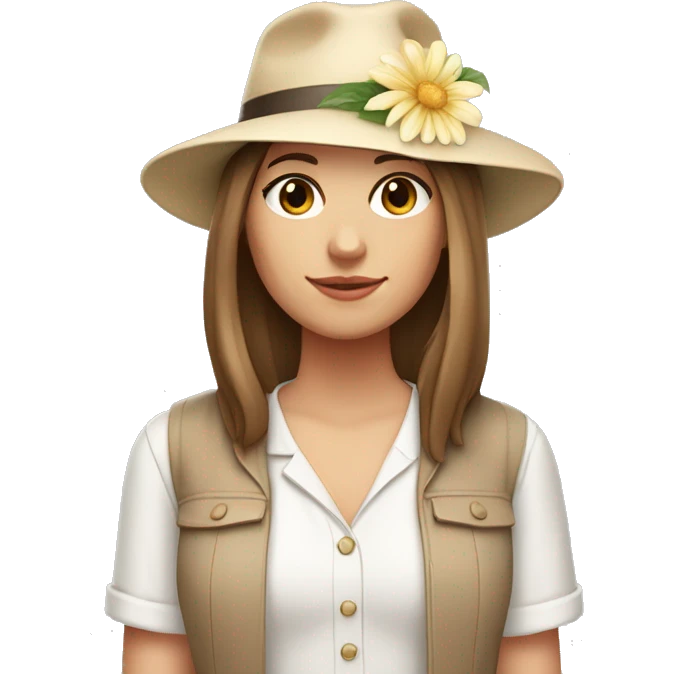 white girl with a flower in her hand, with a hat, shoulder-length brown straight hair, wearing a pastel jumpsuit with white shirt in it emoji