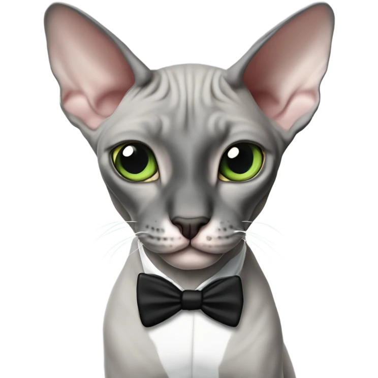 gray sphynx cat with tuxedo markings a black nose and green eyes emoji