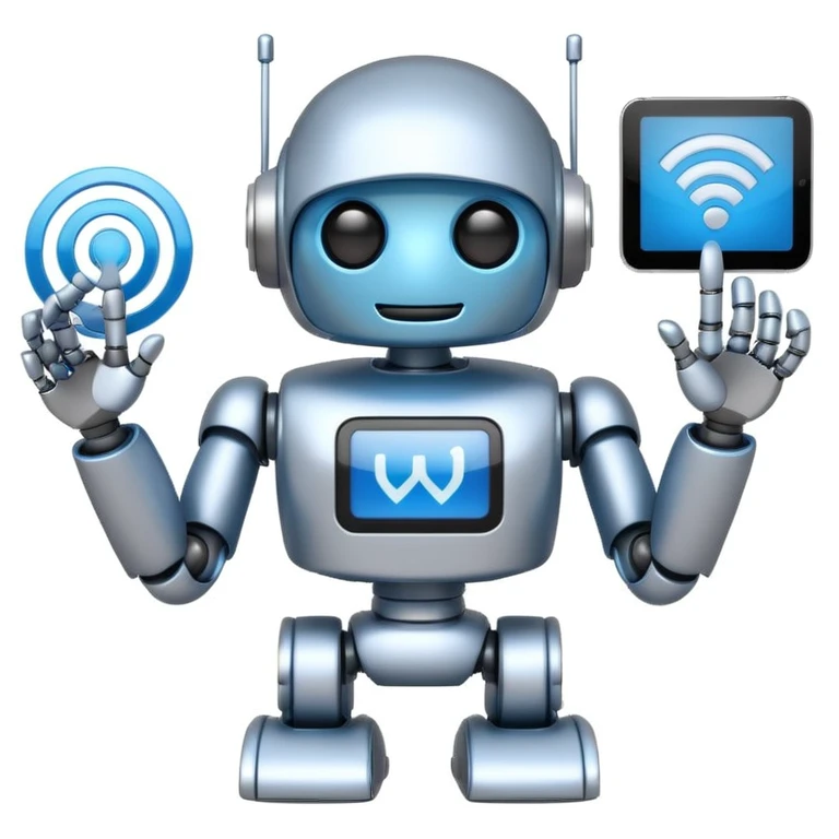 friendly robot holding a large Wi-Fi icon, white background emoji