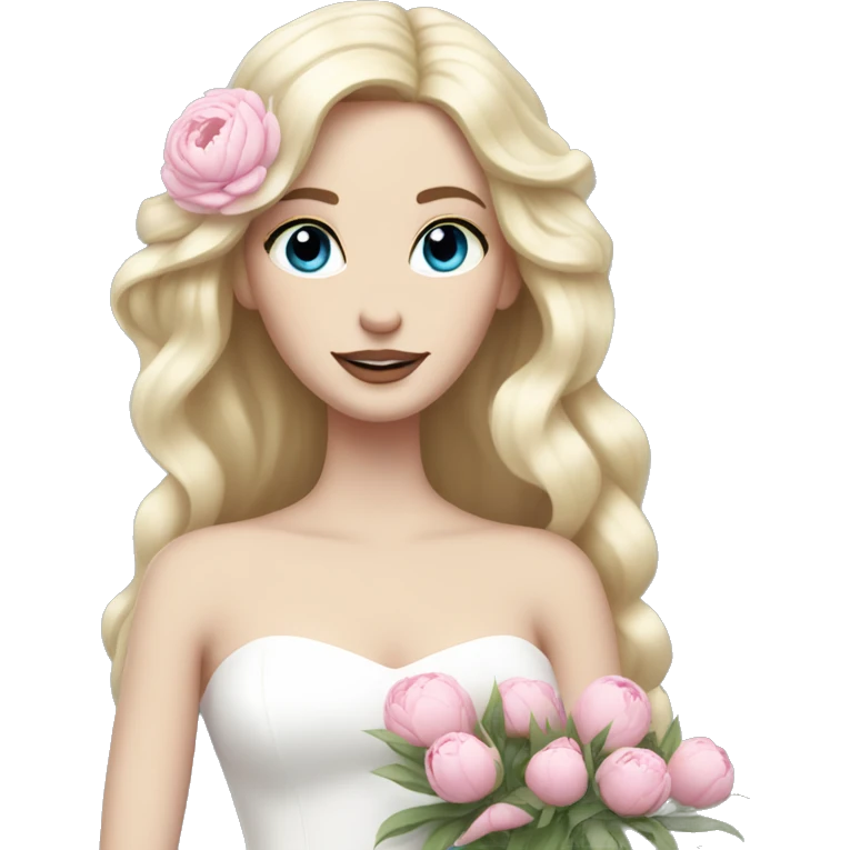 White bride with long light blonde hair and blue eyes with light pink peonies in hair white skin  emoji