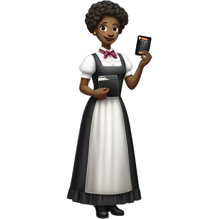 galora waitress galora in Victorian dress elegant, full body, holding big credit card emoji