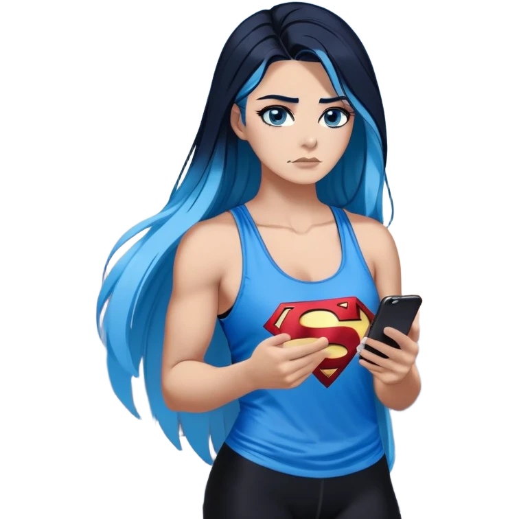 Shameful disappointed crying-very very very very big chest-texting on a samsung cell phone-very long straight flowing black to sky blue hair ombre-blue eyes-black eyeliner-long eyelashes-plastic sparkling sky blue very low cut tank top with sparkling superman logo-black leggings-nike sneakers emoji