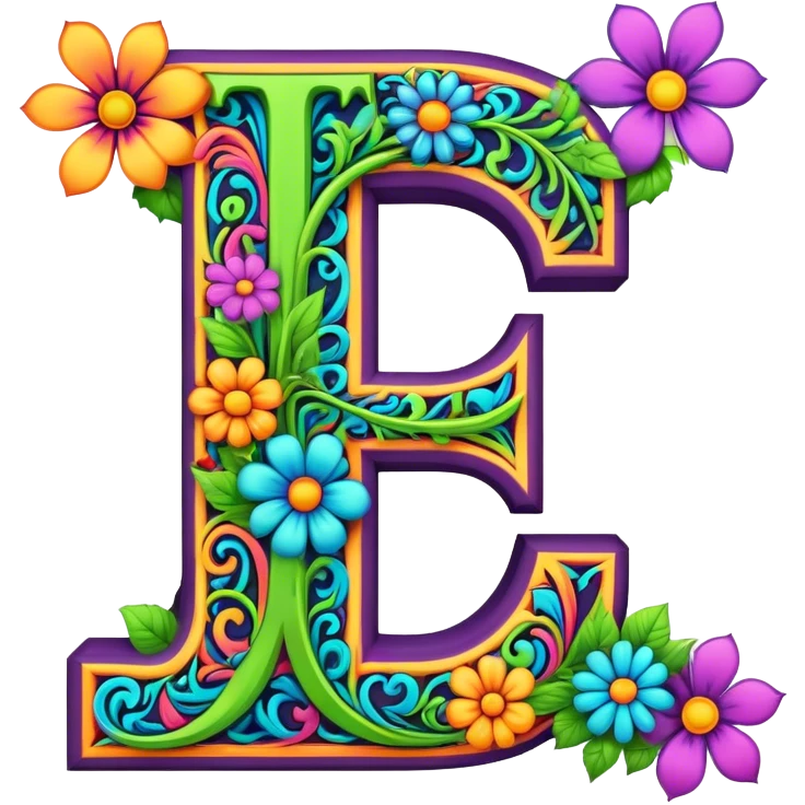 3D, gothic style psychedelic colored Letter T with hippie style flower border emoji