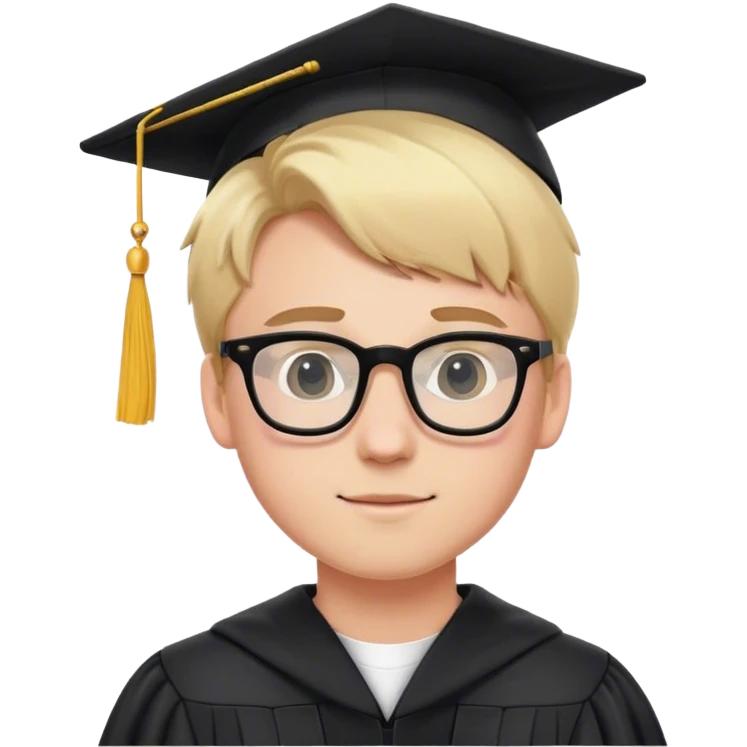 A blonde-haired young white man, wearing glasses, in the middle of his graduation with black and pink theme emoji