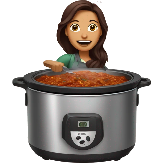 Dark red hair Mexican woman cooking Birria in a crock pot emoji
