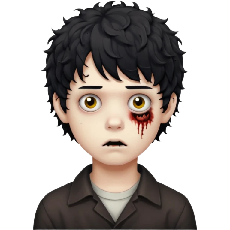 Boy, zombie, black curly wavy hair with bangs, short , round shaped hair, emo, dark, spooky, bored expression emoji