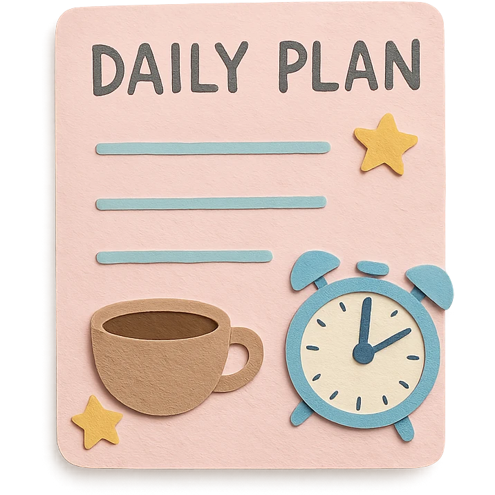 soft pastel daily planner page with coffee cup, cute clock, and star doodles, hand-drawn style emoji