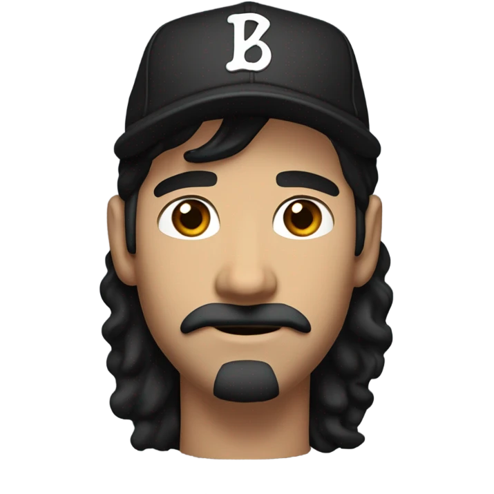 White guy with medium length shaggy black hair and a baseball hat. Brown eyes and a classic mustache no beard. Black hair emoji
