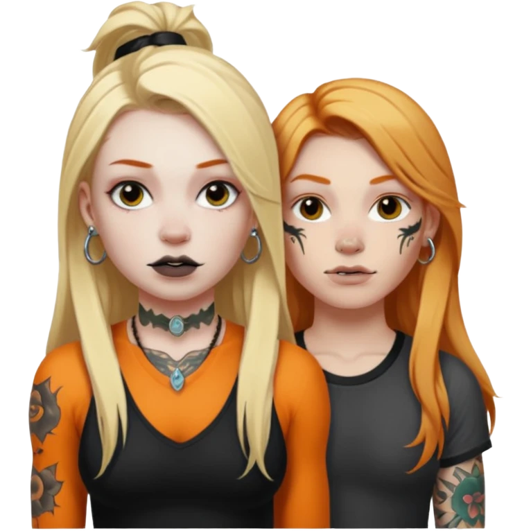 girl with long blonde hair, black tattoos and a septum piercing next to an athletic ginger girl with tattoos and a septum piercing emoji