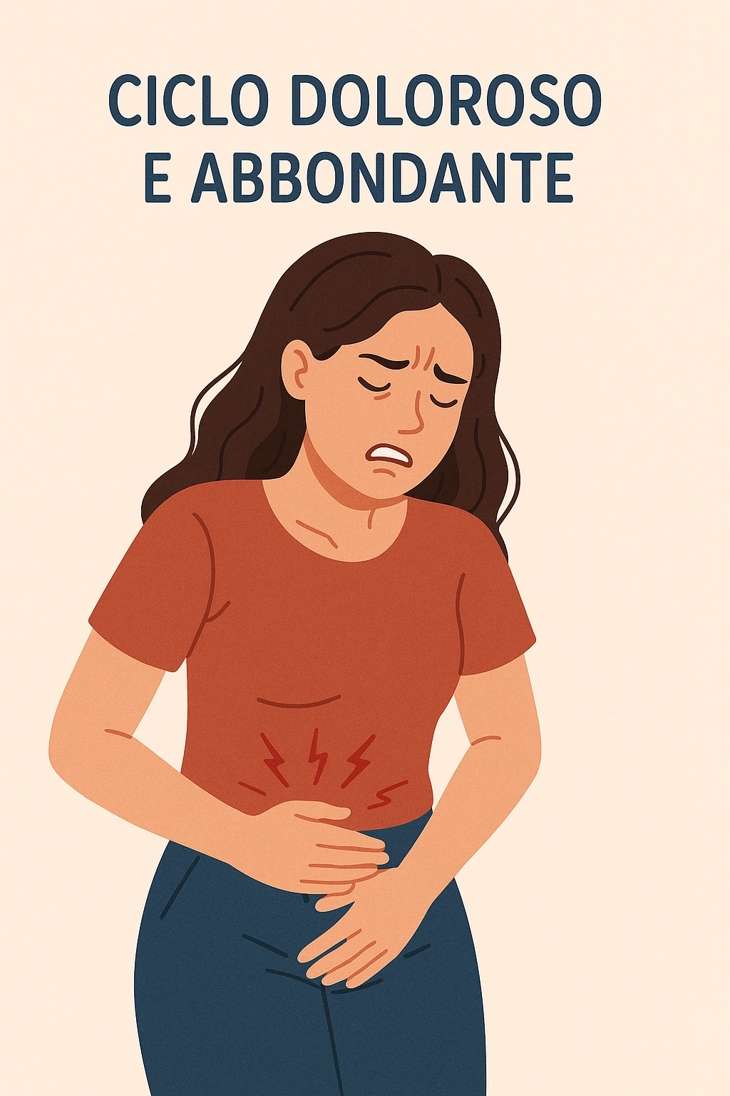 donna con ciclo doloroso e abbondante. testo in italiano. emoji