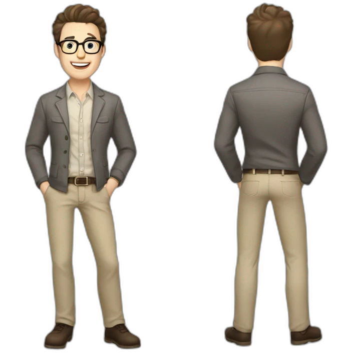 Joyful Full height Pale skinned Fit Man With dark brown hair in gray jacket, beige office shirt, Brown pants and vintage glasses. His thrumbs up emoji