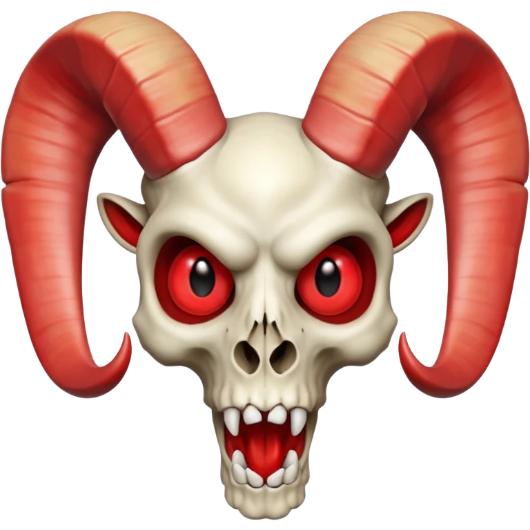 logo of a ram-horned skull with red eyes and a wide mouth, closely matching reference images, matching horn shape, skull proportions, eye color and shape, and mouth expression, bold and iconic, fully inside image borders, Apple emoji style emoji