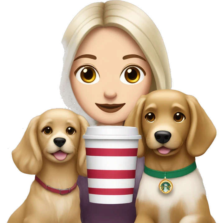 brunette white girl drinking starbucks with 2 golden retriever dogs emoji
